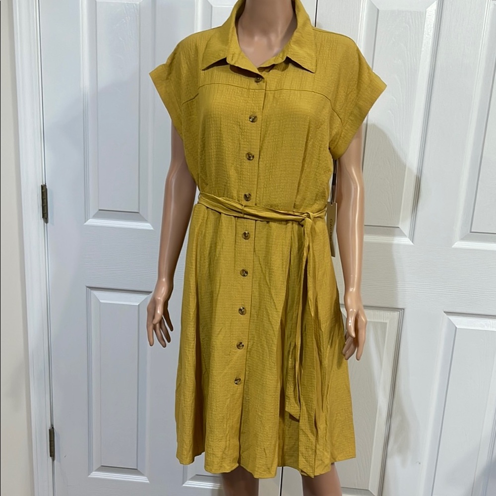 Calvin Klein Yellow Buttoned Tie Front Midi Dress